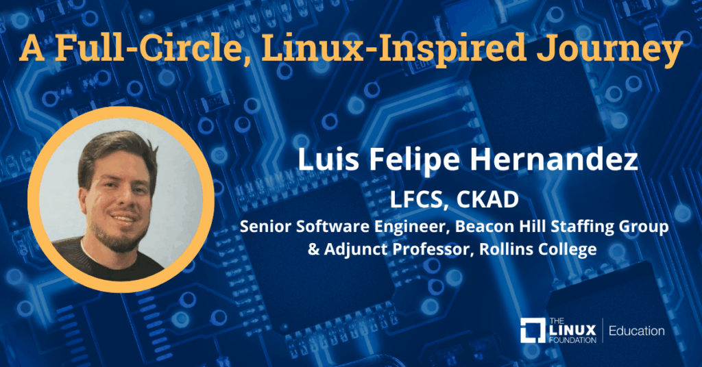 Luis Felipe Hernandez (LFCS および CKAD) は、回路基板の背景と The Linux Foundation Education のロゴが付いた「Linux にインスパイアされた完全な旅」グラフィックに登場しています。