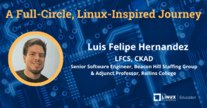 Luis Felipe Hernandez (LFCS および CKAD) は、回路基板の背景と The Linux Foundation Education のロゴが付いた「Linux にインスパイアされた完全な旅」グラフィックに登場しています。