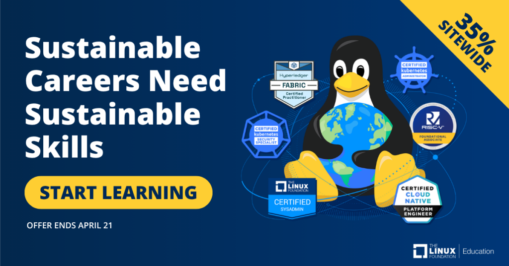 Linux Foundationの持続可能なスキル育成キャンペーンでは、Tux、認定バッジ、サイト全体で35%割引が提供されます。